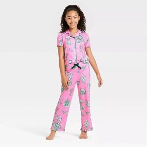 Wicked x Katie Kime Girl's 2pc Short Sleeve Button-Down Pajama Set Pink M 8 NWT